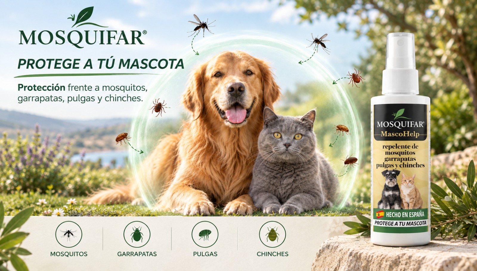 MOSQUIFAR® MascoHelp — protege a tu mascota de mosquitos, garrapatas, pulgas y chinches